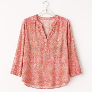 grand & greene Coral Paisley Split‑Neck Blouse